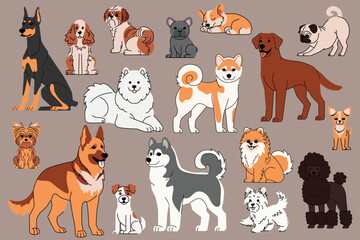 Collection of dog breeds illustration. A variety of cute dog breeds, including Akita Inu, Labrador, Pomeranian, Doberman, and more, in a modern, minimalist style. Perfect for pet-related designs