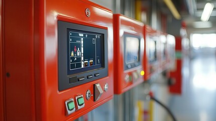 High-tech fire alarm panel with touchscreen evacuation controls, fire alarm evacuation technology, concept of innovation in safety Copy space, commercial use