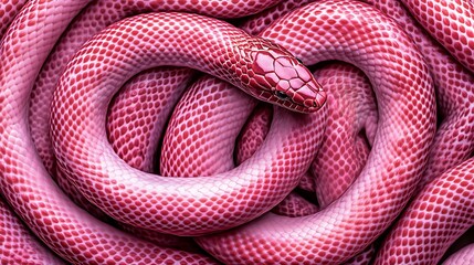 Fototapeta premium Coiled pink snake resting, close-up detail. Background blurred, could be used for design or education