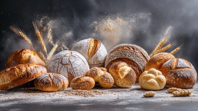 High-speed capture of diverse bread shapes in zero gravity, traditional boule with flour dusting, perfectly golden bagels showing texture, wheat stalks creating organic lines through composition,