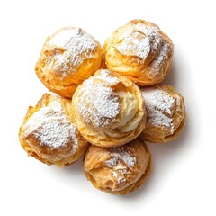 Fototapeta premium Delicious Cream Puffs with Powdered Sugar, Top-Down View, Isolated on White Background