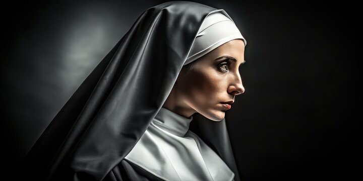 A silent nun, cloaked in shadow and light, embodies faith's serene contemplation.