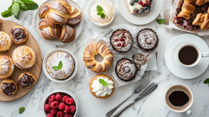Contemporary kitchen island with assorted artisanal pastries including pain au chocolat, danish pastries filled with custard, chocolate muffins, fruit tarts garnished with fresh mint, cappuccino in
