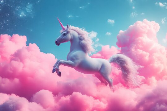 A dreamy unicorn dancing on clouds in a magical sky