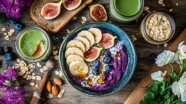 Healthy breakfast spread on bamboo table featuring acai bowl topped with sliced bananas and coconut flakes, overnight oats in mason jars decorated with fresh figs and honey, whole grain toast with