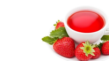 Cup of strawberry tea on saucer with fruit on white background, for healthy lifestyle