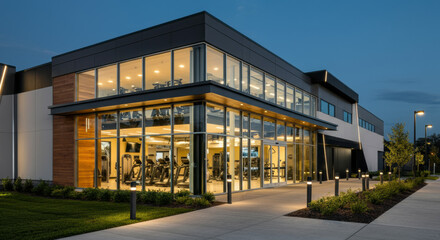 Obraz premium Modern fitness center facade with sleek design and inviting atmosphere at dusk