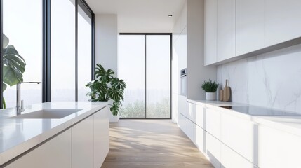 Contemporary white kitchen corner bathed in natural sunlight, floor-to-ceiling windows with thin black frames, honey-toned wide plank oak flooring, pure white quartz countertops with waterfall edge,