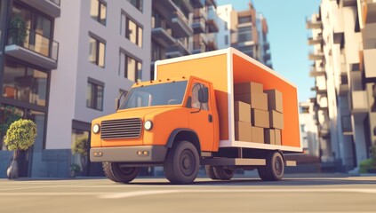 Orange delivery truck on city street