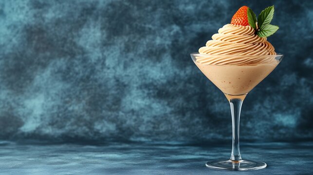 Dessert in martini glass, swirled frosting, strawberry garnish, studio blue background, perfect for cafe menu - Powered by Adobe