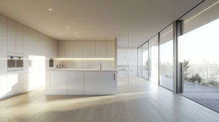 Minimalist white kitchen space with floor-to-ceiling glass panels, bleached oak flooring planks, seamless white cabinetry with push-to-open mechanism, engineered stone countertops, hidden LED
