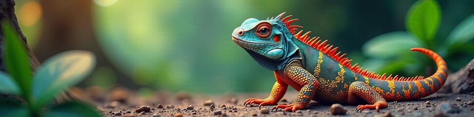 Fototapeta premium Colorful cartoon iguana with patterned scales striking a pose, vibrant, white background