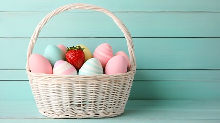 Naklejka premium Easter basket filled with colored eggs and strawberry against pastel turquoise wooden background, for springtime celebrations