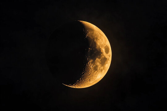 Crescent moon illuminated against a dark sky showcases lunar surface details during twilight hours - Powered by Adobe