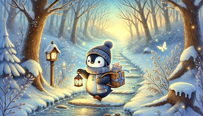 A cheerful penguin mail carrier in a cozy knitted hat and scarf gracefully steps across a glistening icy path, carrying a wooden crate of gifts through a snow-covered enchanted forest at dawn