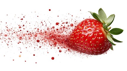 Exploding strawberry with red juice on white background for food ads