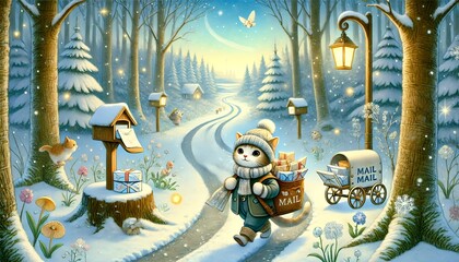 A magical winter forest scene featuring a small cat mail carrier delivering letters and parcels along a snowy path, surrounded by glowing lanterns, woodland animals, and charming mailboxes