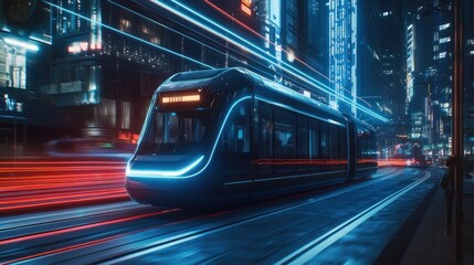 Futuristic City Tram at Night: Neon Lights and Speed