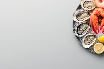 Fresh seafood platter showcases vibrant shrimp, oysters, and lem