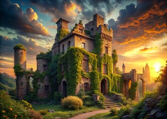 Fototapeta premium Majestic Abandoned Castle Ruins at Sunset - Epic Architectural Photography