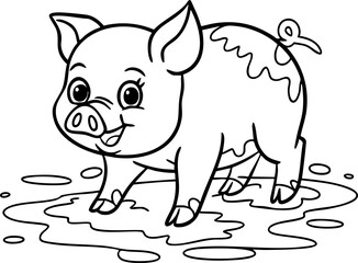 Obraz premium Cute cartoon pig playing in mud; ideal for children's coloring books and playful designs.