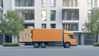 Orange delivery truck loaded with boxes in urban setting
