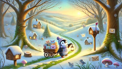 A charming fantasy illustration featuring a penguin mail carrier journeying through a sunlit forest with melting snow and whimsical woodland homes