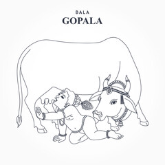 God bal gopal krishna drinking milk from cow's udder, little krishna
