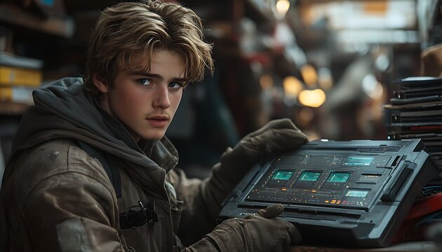 Teenager using tech in junkyard