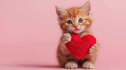 Adorable Ginger Kitten Holding a Red Heart on Pink Background