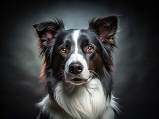 Majestic Black and White Border Collie Dog Portrait, Dark Grey Background
