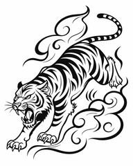 The image showcases a bold, black-and-white tattoo-style illustration of a roaring tiger.