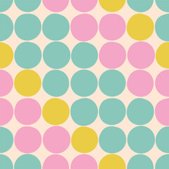 A seamless 60s, 70s retro vector pattern with circles in pastel tones of pink, yellow, and blue on light beige background. Vintage geometric design. For wallpaper, textile, digital projects