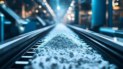 Automated conveyor belt with flour in industrial setting
