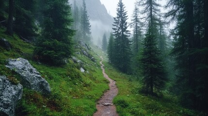 Obraz premium Misty mountain trail winding through lush green forest with tall evergreen trees and rocks.