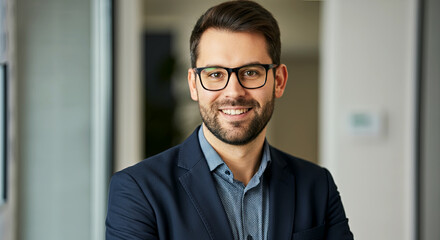 Professional charisma shines in this portrait, showcasing a confident individual in a stylish suit