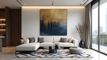 Fototapeta premium Modern drawing room interior design with minimalist wall painting and sofa couch and table . Drawing room furniture fashion design .