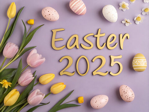 easter 2025 celebration with yellow and pink tulips and pastel eggs, elegant spring greeting with soft color background and floral design