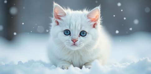 Adorable white cat, blue eyes, gentle snowfall, grey backdrop, majestic, cute