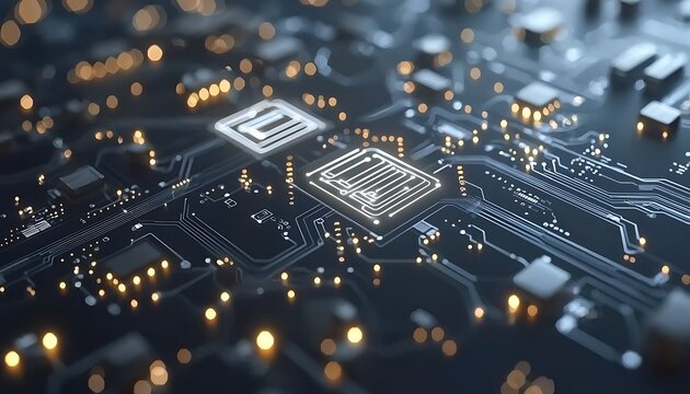 Circuitry glows on motherboard surface bokeh - Powered by Adobe