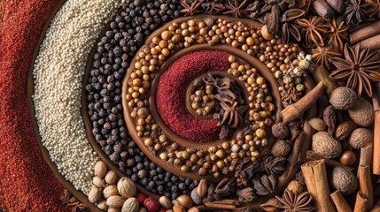 Overhead spiral composition of holiday spices, textural contrast between elements, natural brown and red color palette, detailed spice textures, artistic negative space utilization, graduated