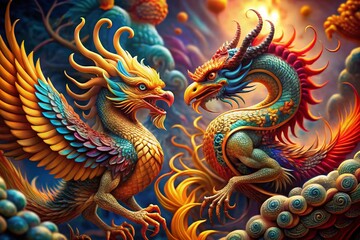 Obraz premium Majestic Chinese Dragon and Phoenix with High Depth of Field - Mythical Creatures Stock Photo