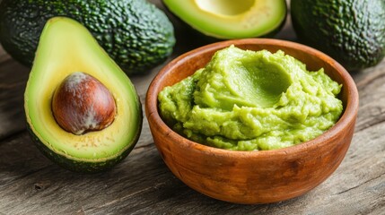 Fresh Avocado and Guacamole in a Wooden Bowl on Rustic Background