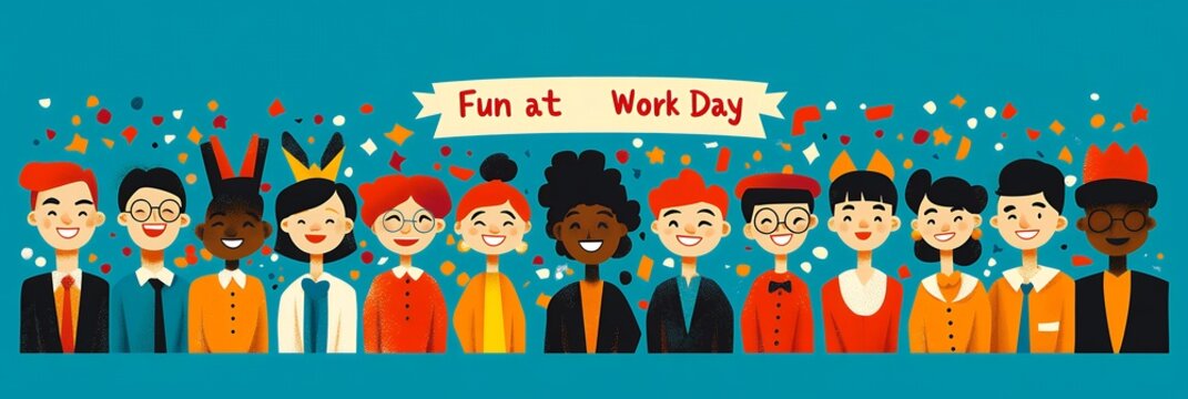 Happy diverse group of young adults celebrate Fun at Work Day with confetti. A joyful workplace scene promoting positive work environment and team spirit