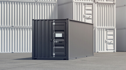 Black steel cargo container standing in port mockup