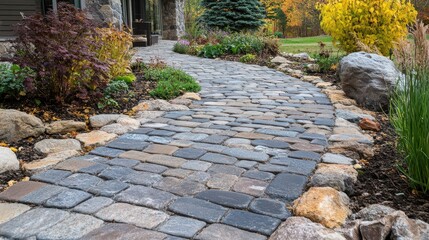 Obraz premium Stone Pathway Winds Through Autumnal Landscape