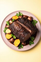 Juicy roast beef garnished with vibrant vegetables, showcasing r
