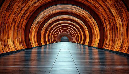 Wooden tunnel, glowing hallway, perspective view