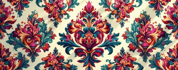 Elegant floral damask pattern, intricate swirling design, leaf, acanthus, wallpaper design