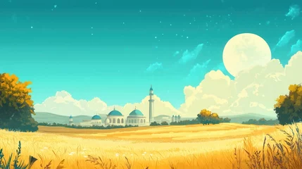 Gordijnen A vibrant stylized landscape painting depicting a peaceful countryside scene © EPEP